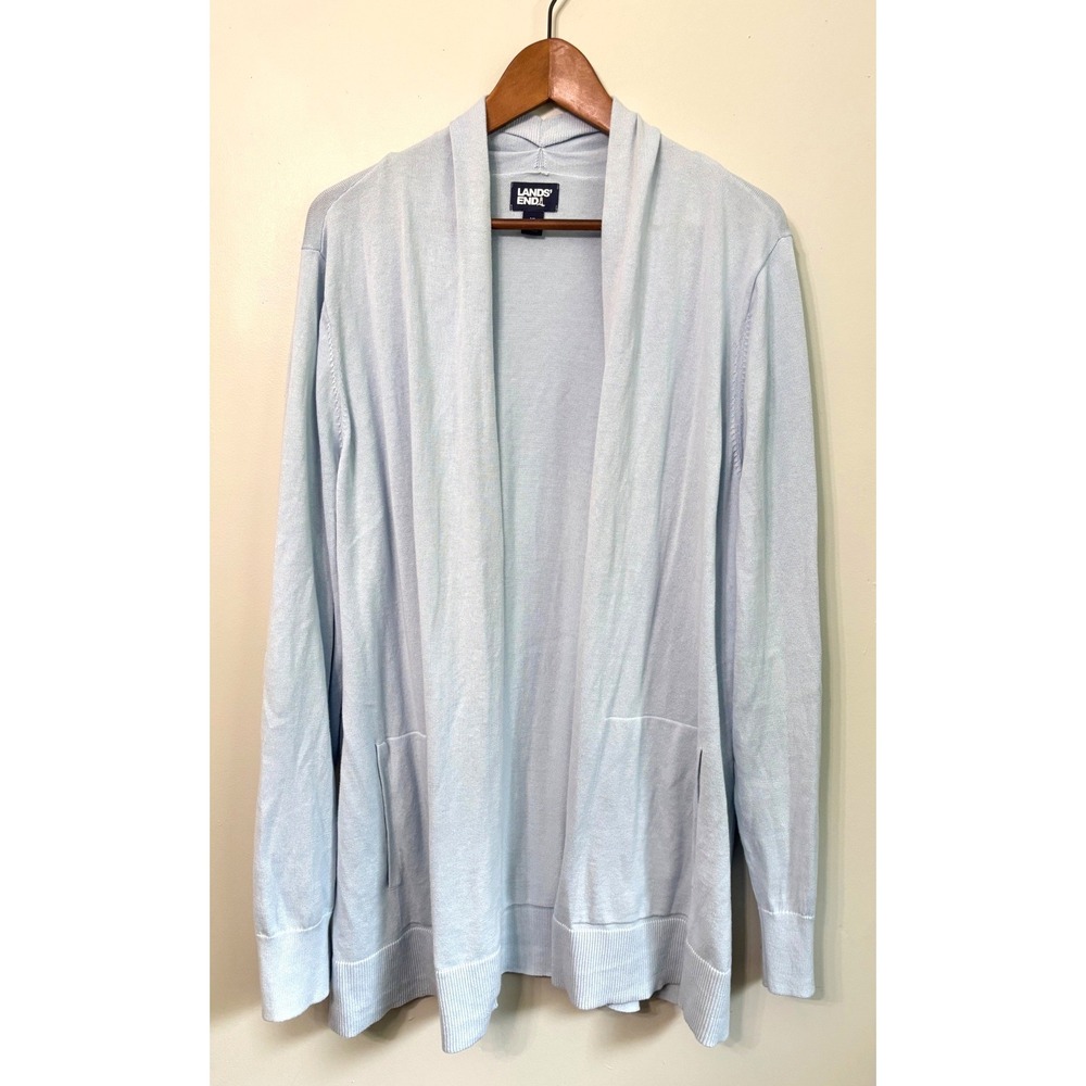 Lands End Womens XL Light Blue 100% Cotton Open Front Cardigan Sweater Pockets